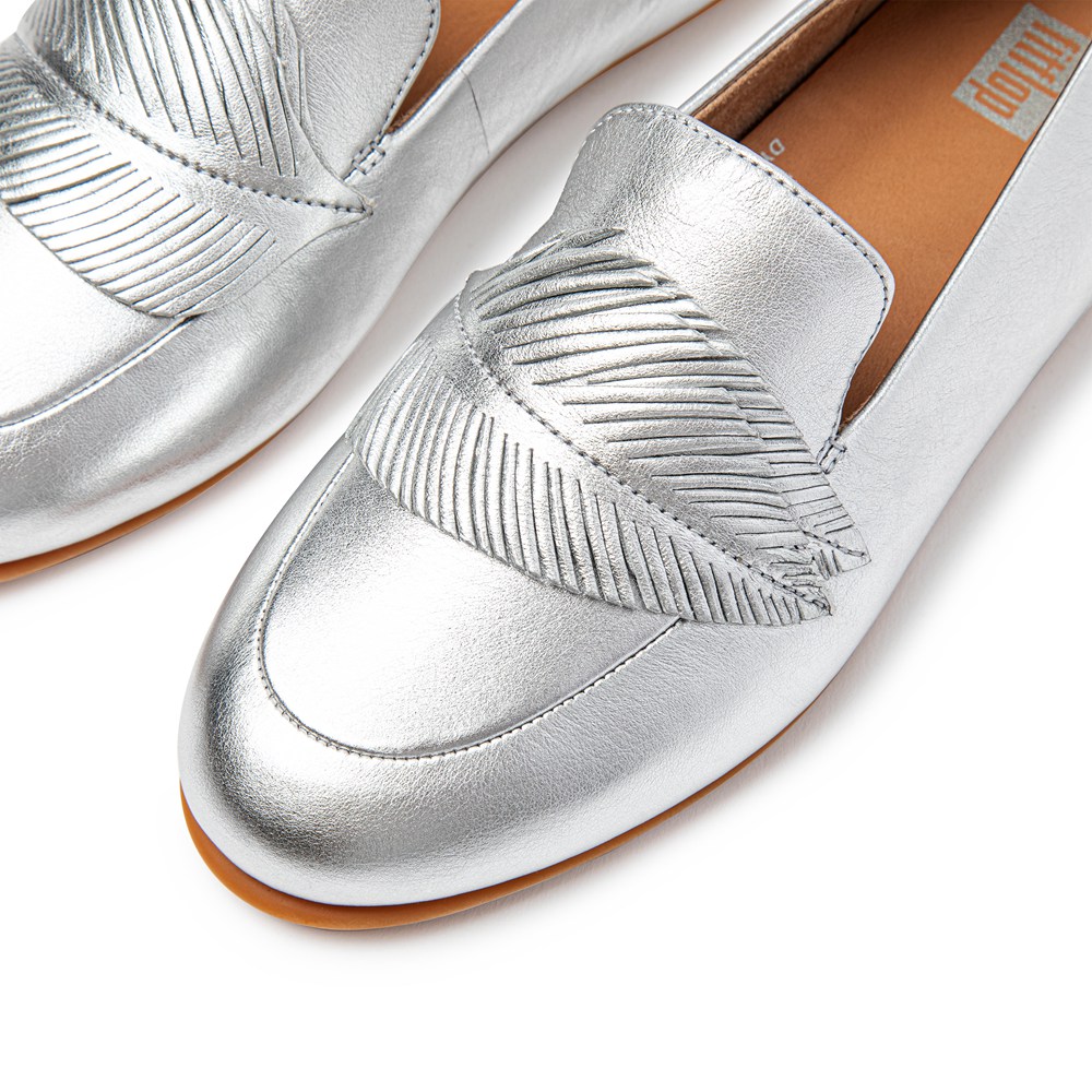 Fitflop Womens Loafers Silver - Lena Feather Metallic Leather - 47LYJGQIR